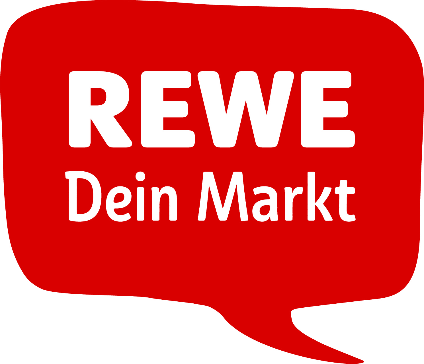 „REWE - Dein Markt“ Logo, weiße Schrift auf rotem Grund